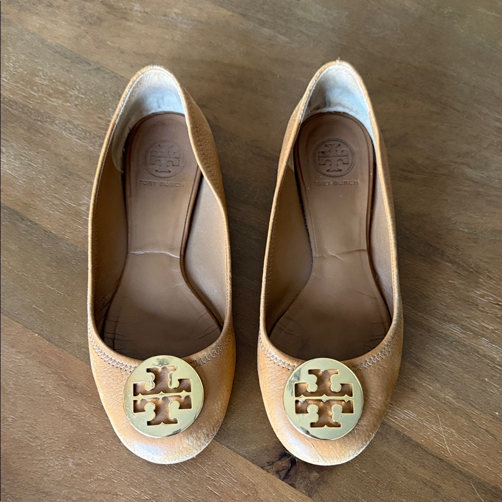 Tory Burch Gold Emblem Tan Flats